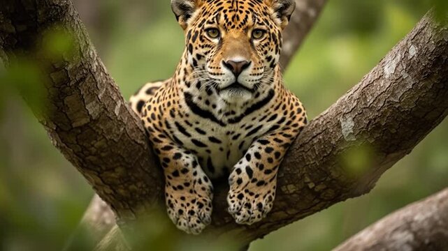 Majestic Jaguar Relaxing on a Tree Branch in Lush Green Canopy, South American Feline