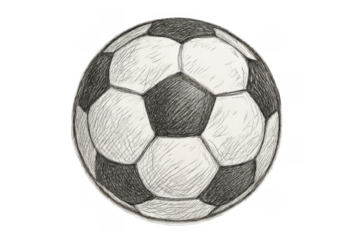 Soccer ball drawing in black and white sketch style illustrating a classic football with hexagon and pentagon shapes, transparent background