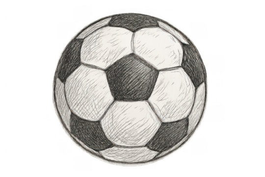 Soccer ball drawing in black and white sketch style illustrating a classic football with hexagon and pentagon shapes, transparent background