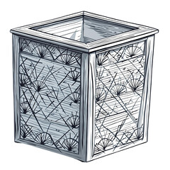 Detailed Monochrome Line Art Illustration of an Ornate Square Planter with Intricate Geometric Patterns and a Transparent Background