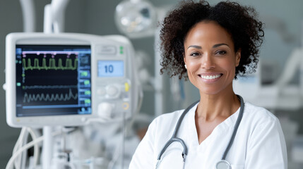 Smiling medical professional with stethoscope in hospital room monitoring vital signs