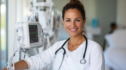 Smiling nurse with stethoscope by patient monitor in hospital room