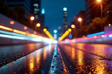 Rainy night city street, glowing lights streak across wet pavement, blurred traffic trails illuminate urban darkness.