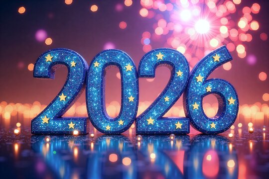 Blue "2026" numbers sparkle under fireworks, reflecting on wet ground against festive night sky.