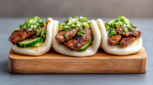 Steamed bao bun with grilled wagyu beef cucumber and green onion garnish - Powered by Adobe