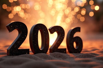 Golden "2026" numbers on sand, glowing bokeh lights behind. Festive new year celebration scene. Warm tones, festive atmosphere.