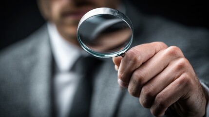 Fototapeta premium A person in a suit holds a magnifying glass, suggesting investigation or scrutiny in a professional context.