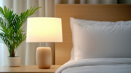 Warm bedside lamp evening glow comforting light on wooden nightstand