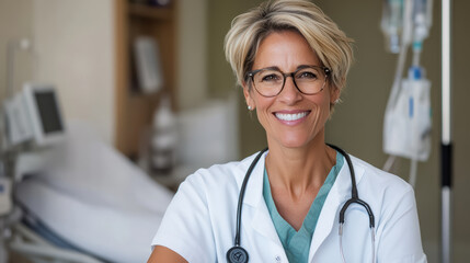Smiling female doctor with stethoscope in hospital room offering reassuring care