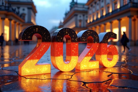 German flag-themed "2026" numbers glow on wet cobblestones, iconic Berlin architecture blurred in background. - Powered by Adobe