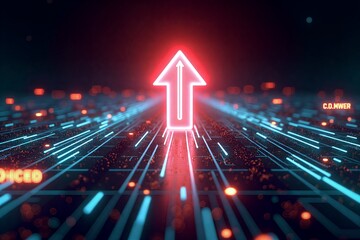 Neon arrow pulses forward on glowing circuit path, red and blue lights illuminate digital journey ahead.