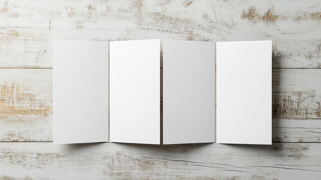 Blank tri fold brochure mockup on rustic wood background evoking minimal serenity