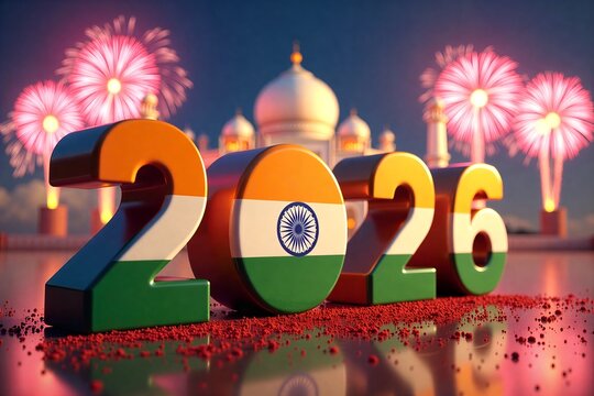 Indian flag-themed "2026" numbers, fireworks, Taj Mahal backdrop. Celebratory scene, vibrant colors, festive atmosphere.
