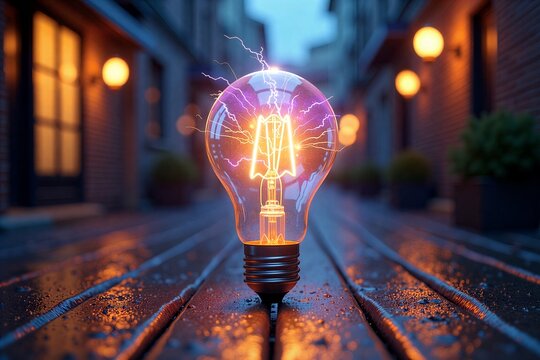 Glowing light bulb emits electric sparks on wet wooden street, warm lanterns glow in blurred alleyway background.