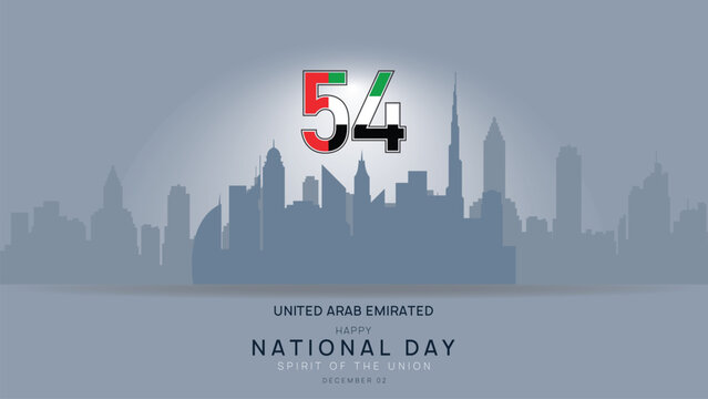 Minimalist UAE National Day Skyline Illustration with Gradient Blue Silhouette, Modern Number 54 in Flag Colors for Celebration Banner and Holiday Background