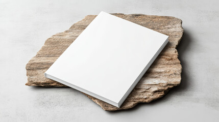 Fototapeta premium Blank white book mockup resting on textured stone with soft reflections