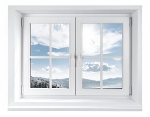 Window frames idyllic landscape of distant mountains & sky