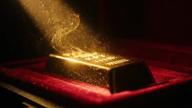 Gold ingot in red box illuminated by light, valuable asset concept