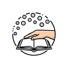 Hand pointing to open book with floating circles above.