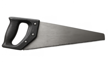 Hand saw tool with a grey blade and black handle, essential for carpentry, construction, and diy tasks, on transparent background