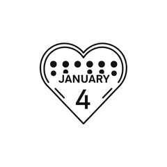 Heart-shaped calendar icon with January 4th date in black and white.