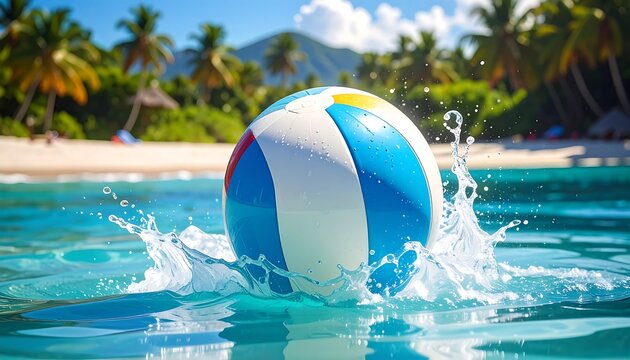 A colorful striped ball splashes into clear blue water, creating an eruption of water droplets against a tropical beach backdrop