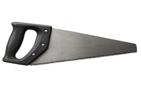 Hand saw tool with a grey blade and black handle, essential for carpentry, construction, and diy tasks, on transparent background