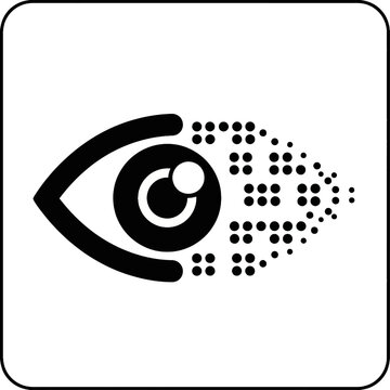 Eye illustration with braille symbols representing vision impairment and accessibility.