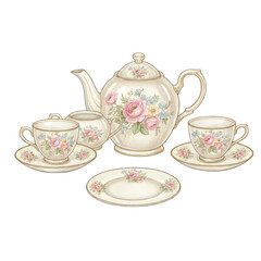 Elegant Porcelain Tea Set with Delicate Pink Roses and Blue Forget-Me-Nots Adorned with Gold Trim on a Transparent Background
