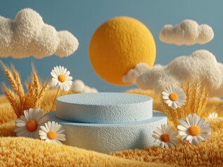 Healing Natural Product Display with Sky Blue Background, Fluffy Sun, Cloud Decor, Wheat Field Texture and Daisies, Soft Atmosphere Ultra HD 8K Render