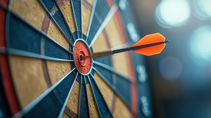 A dart is embedded in the center of a dartboard, showcasing precision and focus in a vibrant setting with blurred background lights.