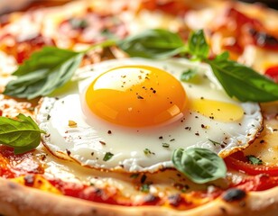 Pizza topped with a fried egg and fresh basil leaves