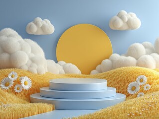 Healing Natural Style Product Display with Sky Blue Background, Fluffy Sun and Cloud Decor, Wheat Field Texture and Daisies, Soft Atmosphere Ultra HD 8K Render