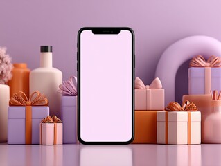 Tech E-commerce Product Display with Light Purple Monochromatic Background, Black Smartphone and Pink Gift Box Decor, Soft Lighting Minimalist Style Ultra HD 8K Render
