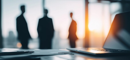 Corporate people collaborating on a project with laptop and documents on the desk. Business banner. Office wallpaper