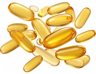 Scattered golden, translucent gel capsule supplements