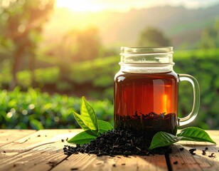 Tea jar, leaves, on wooden table, tea plantation backdrop