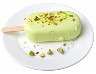 Pistachio ice cream bar on white plate, nut sprinkles