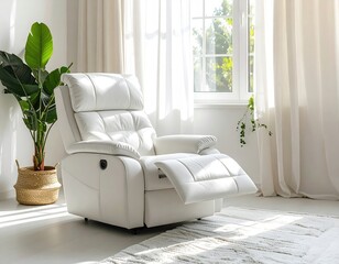 White recliner, sunlit window, plant, neutral modern space