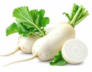 Daikon radishes, whole and sliced, with vibrant green leaves
