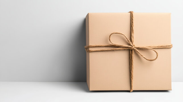 Beige gift box with twine bow, minimal studio still life, soft shadow and calm mood