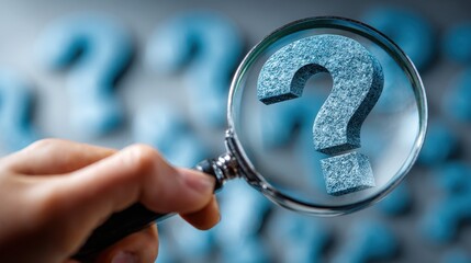A hand holding a magnifying glass focuses on a shiny blue question mark against a blurred background of similar symbols, suggesting inquiry and exploration.