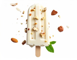 White popsicle with nuts and mint against white background