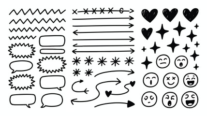 Fototapeta premium A vibrant collection of diverse hand drawn doodle elements artfully arranged in a uniform grid pattern on a clean white background