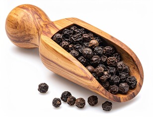 Scoop of black peppercorns on white background