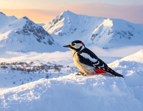 A vibrant bird with red, black, and white plumage sits perched atop a snowdrift, with majestic snow-capped mountains in background - Powered by Adobe