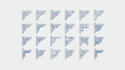 A grid of traditional chinese corner brackets in blue line art on a white background for decorative architectural applications