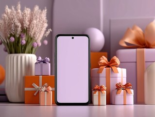 Tech E-commerce Product Display with Light Purple Background, Black Smartphone and Pink Gift Box Decor, Soft Lighting Minimalist Style Ultra HD 8K Render