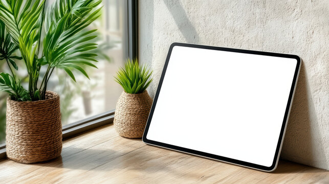Tablet mockup blank display near potted plants on wooden windowsill, bright natural light