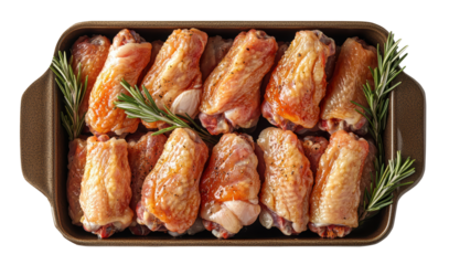 A baking dish filled with raw chicken wings seasoned with herbs and spices, ready for cooking.